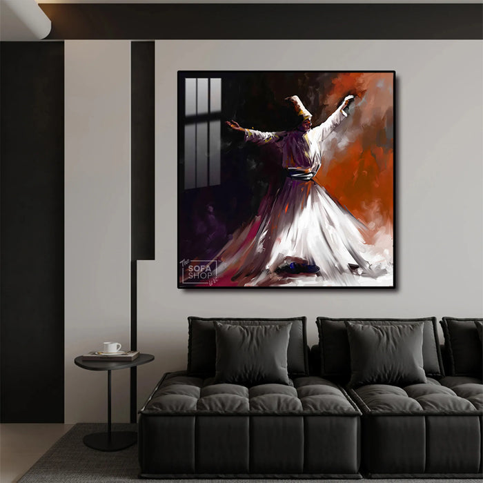 Sufi Whirling Dervish LED Canvas 100 x 100 cm | Islamic Wall Art With Radiant LED Backlighting + Crystal-Porcelain Finish + Gold Or Black Alloy Frame | The Sofa Shop