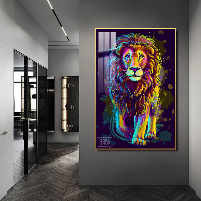 Colourful Lion LED Canvas 100 x 150 cm Vertical | Pop Art Wall Art With White Halo Glow + Remote & Plug Control + Crystal-Porcelain Finish + Gold Or Black Alloy Frame | The Sofa Shop