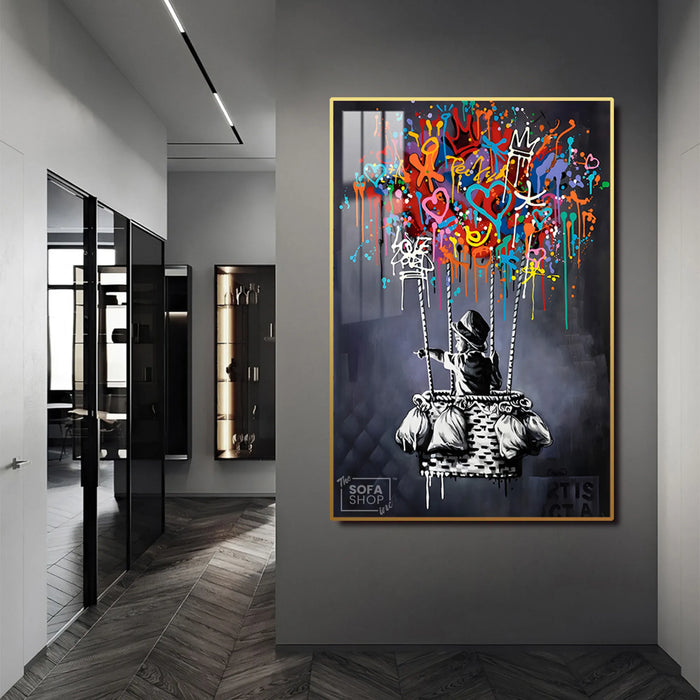 Dream Balloon LED Canvas 100 x 150 cm Vertical | Graffiti Hot Air Balloon Wall Art With Adjustable LED Glow + Crystal-Porcelain Finish + Gold Or Black Frame | The Sofa Shop