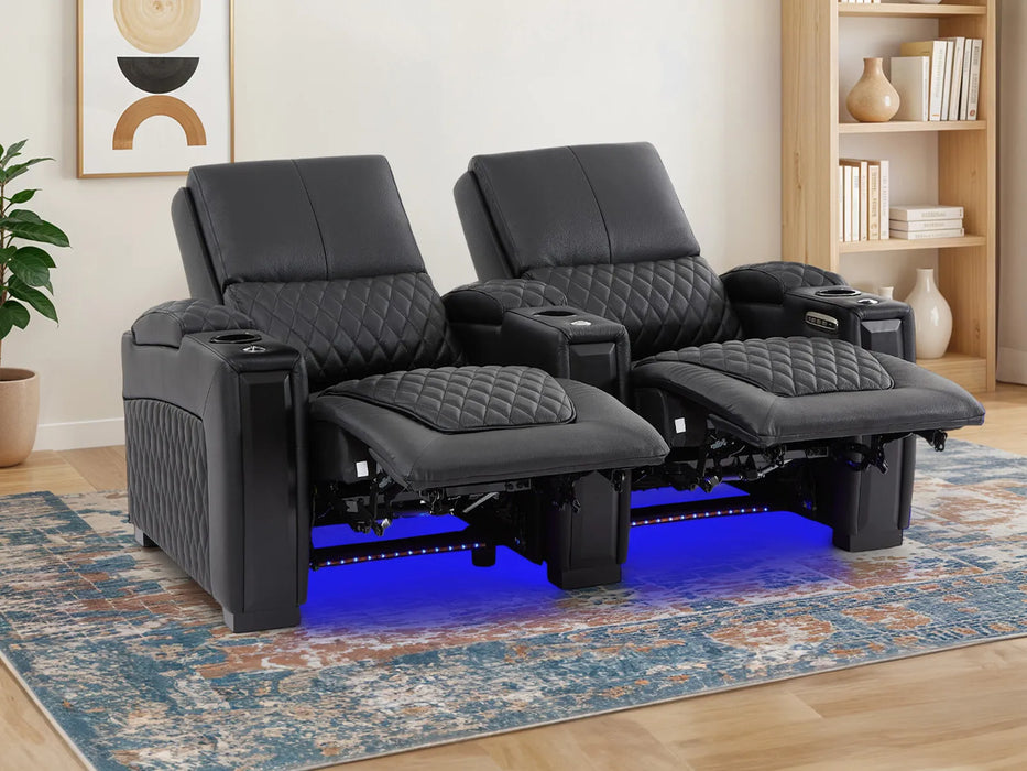 2 Seat Real Leather Electric Recliner Home Cinema Theatre Sofa in Black With Multi-Position Reclining + LED Cup Holders | Assisi | The Sofa Shop