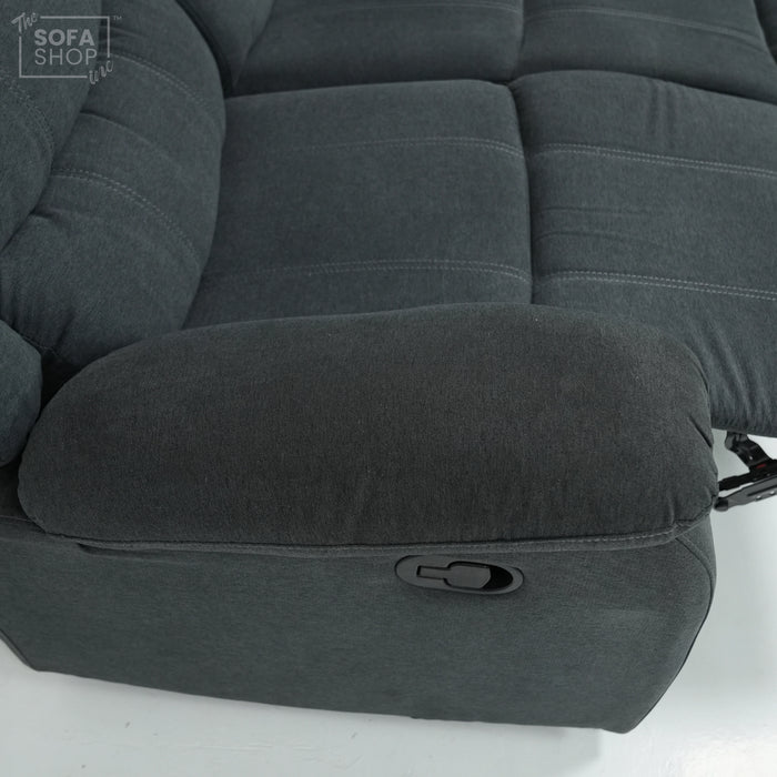 2 Seater Manual Recliner Sofa in Dark Grey Fabric | Worn Armrests | Sortino | Second Hand Sofas SH01