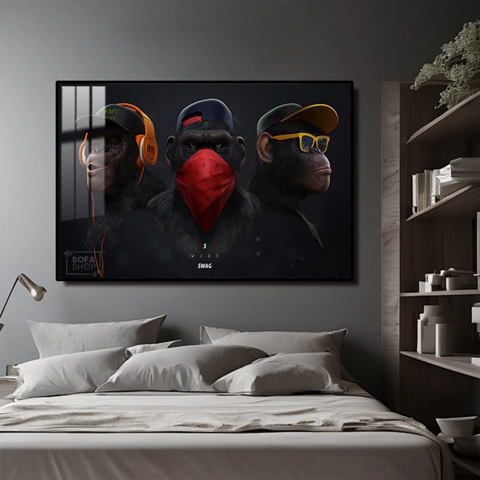 Urban Chimpanzee Trio LED Canvas 150 x 100 cm | Street-Style Monkey Wall Art With 3 Brightness Modes + Crystal-Porcelain Finish + Gold Or Black Frame | The Sofa Shop