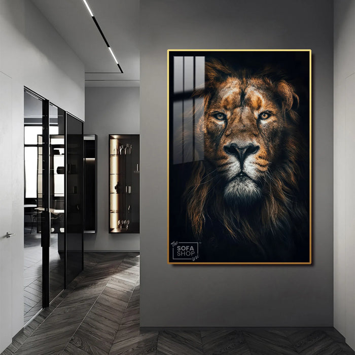 Majestic Lion LED Canvas 100 x 150 cm Vertical | Hyperrealistic Lion Head Portrait With Adjustable LED Backlighting + Crystal-Porcelain Finish + Gold Or Black Frame | The Sofa Shop