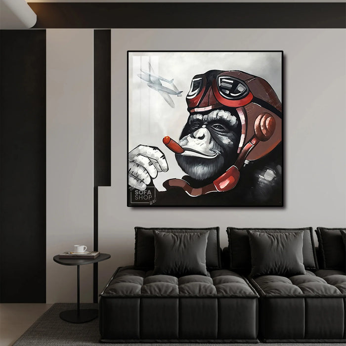 Monkey Pilot LED Canvas 100 x 100 cm | Retro Pop Wall Art With Remote-Controlled LED Frame + Crystal-Porcelain Finish + Gold Or Black Aluminium Frame | The Sofa Shop