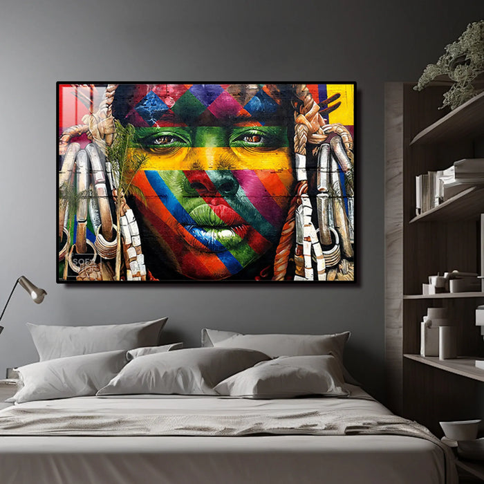 LED-Enhanced African Woman Portrait Canvas | Horizontal LED Canvas 150×100 cm | Crystal-Porcelain Horizontal Painting, Gold / Black Frame | The Sofa Shop