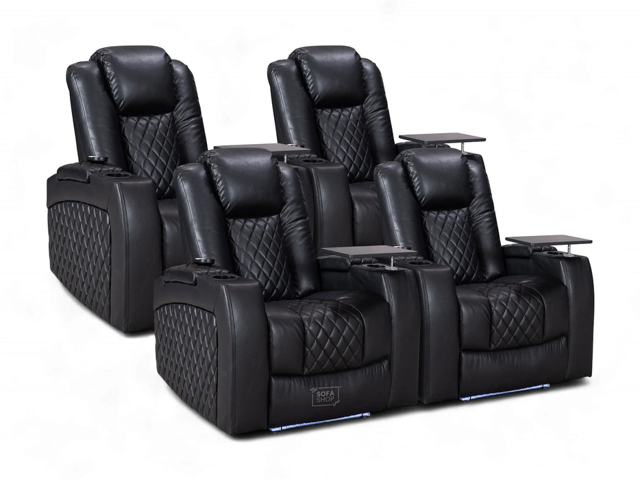 Row of 4 Electric Home Cinema Seats in Black Leather Aire, With Recliner, Massage Seats, Removable Table, USB, Lights, Storage Arms, Chilled Cupholders - Pavia