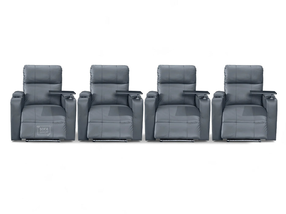 Row of 4 Electric Home Cinema Seats in Grey Leather Aire, With Recliner, Massage Seats, Removable Table, USB, Lights, Chilled Cupholders - Modena