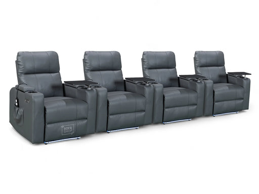 Row of 4 Electric Home Cinema Seats in Grey Leather Aire, With Recliner, Massage Seats, Removable Table, USB, Lights, Storage Arms, Chilled Cupholders - Modena