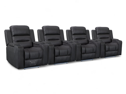 Row of 4 Electric Home Cinema Seats in Resilience Fabric, With Recliner, Massage Seats, Removable Table, USB, Lights, Storage Arms, Chilled Cupholders - Siena