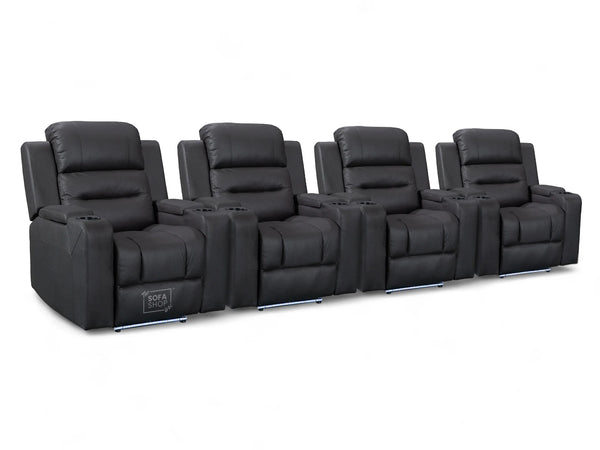 Row of 4 Electric Home Cinema Seats in Resilience Fabric, With Recliner, Massage Seats, USB, Lights, Storage Arms, Chilled Cupholders - Siena