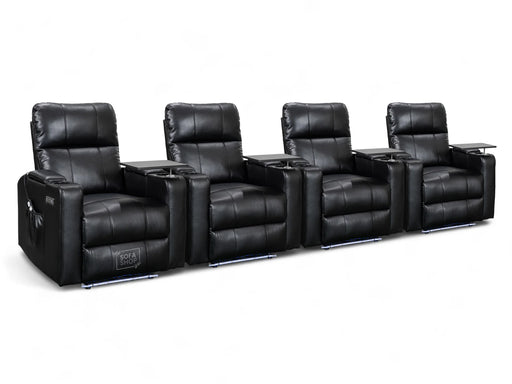 Set of 4 Electric Home Cinema Seats in Black Leather Aire, With Recliner, Massage Seats, Removable Table, USB, Lights, Storage Arms, Chilled Cupholders - Modena