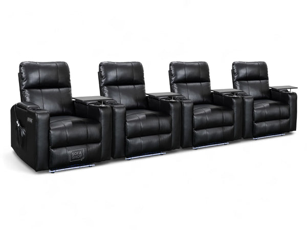 Set of 4 Electric Home Cinema Seats in Black Leather Aire, With Recliner, Massage Seats, Removable Table, USB, Lights, Storage Arms, Chilled Cupholders - Modena