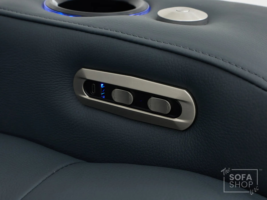 3 Seater Real Leather Recliner Sofa In Blue | Cinema Sofa with Massage, Heating, USB Ports, Drop-Down Table, LED Lights & Massage | Capri | The Sofa Shop