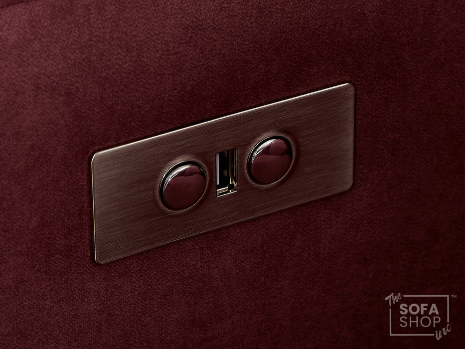 2+1 Sofa Set. Electric Recliner Cinema Suite in Velvet Purple Fabric | 2 Piece Sofa Set with Massage, USB Ports, Cooling Cup Holders, Storage Box & LED Lights | Rimini | The Sofa Shop