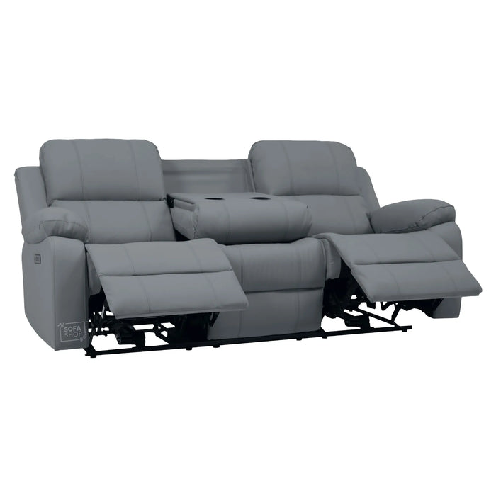 3 Seater Electric Recliner Sofa In Grey Real Leather | Power Recliner With Drop-Down Table & USB+C Charging | Comfortable & Family-Friendly Sofa | Trento | The Sofa Shop