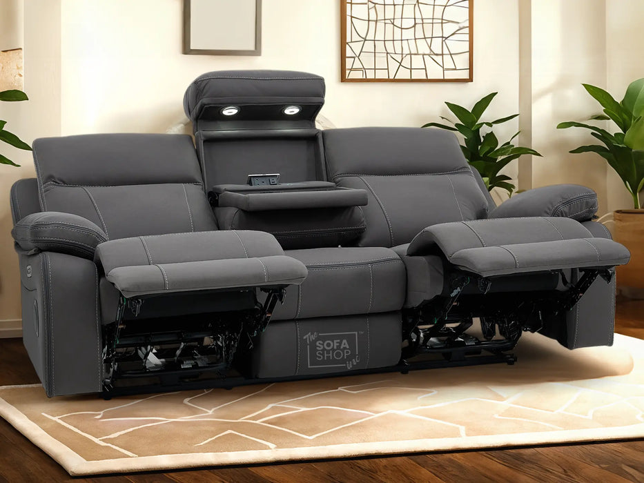 3 Seat Electric Recliner Home Cinema Theatre Sofa | Fabric Couch In Grey + Cupholders + Table + Power + USB + Speakers | Vinsonova | The Sofa Shop