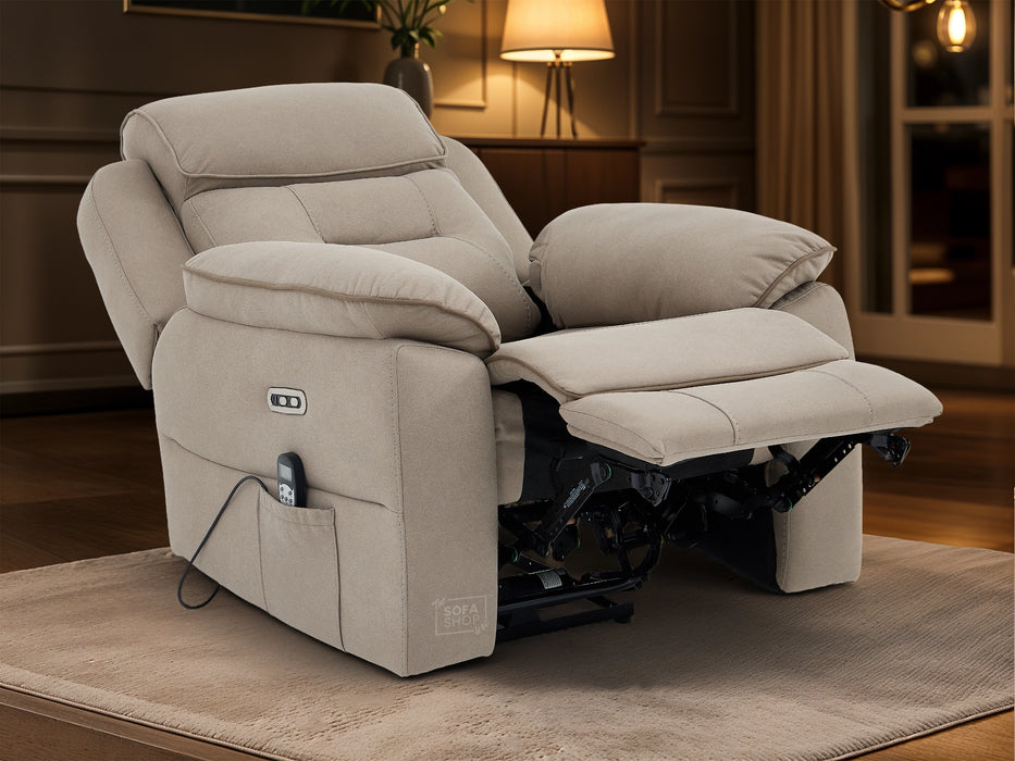 1 Seat Electric Recliner Chair Home Cinema Sofa | Fabric Chair In Beige  | Hi-Tech Chair with Massage, Padded Armrests, USB & Power Headrest | Florence