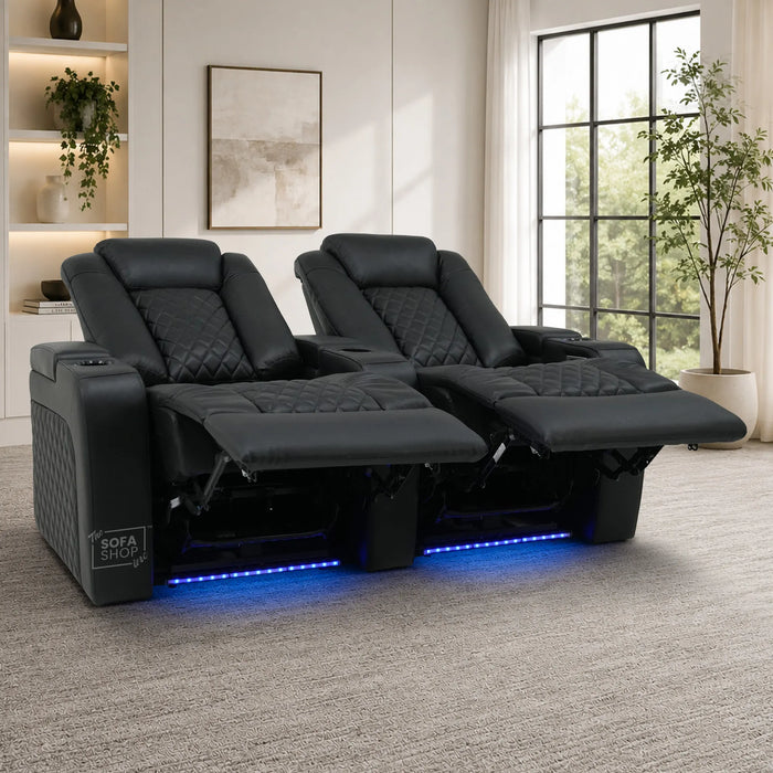 2 Seater Cinema Sofa in Black Real Leather | Hi-Tech Console Couch with Power Recline + Power Headrests + Console Storage + Cup Holders + LED Base Light | Sample |Milano | The Sofa Shop