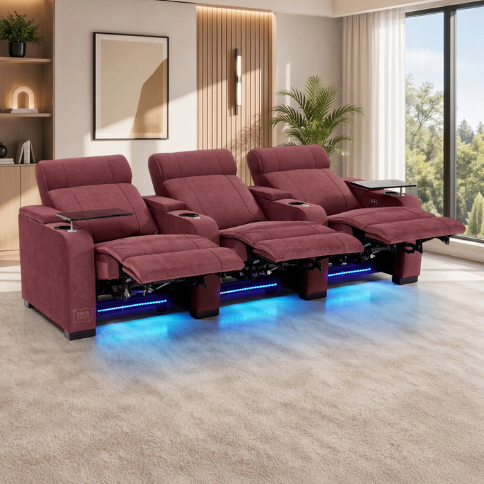 3 Seater Reclining Sofa with Electric  Reclining, Massage, USB Ports, Cooling Cup Holders, Storage Boxes & LED Lights | Purple Velvet Sofa | Rimini | The Sofa Shop