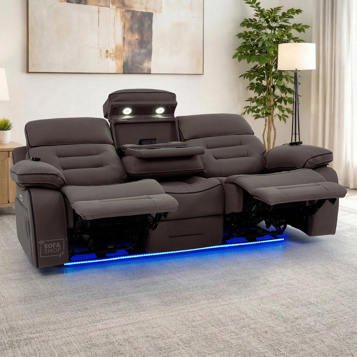 3 Seater Electric Recliner Cinema Sofa in Dark Brown Fabric | Hi-Tech Sofa With Massage, Fold-Down Table, Bluetooth Speakers, LED Lights & Power Headrest | Tuscany | The Sofa Shop