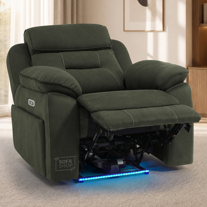 1 Seater Electric Recliner Chair in Green Fabric | Hi-Tech Chair with Vibration Massage + Heated Lumbar + Power Headrest + Power Grommet + USB+C Charging | Florence | The Sofa Shop
