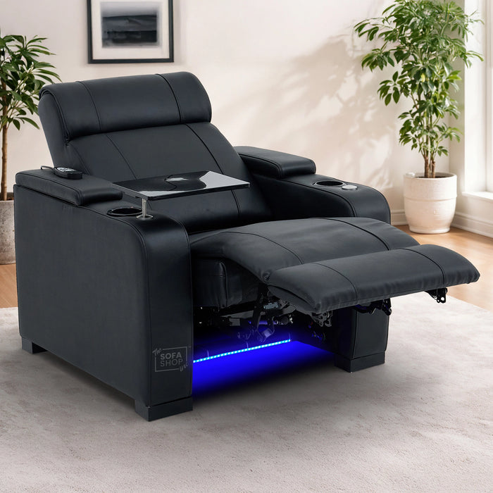 1 Seater Black Genuine Leather Electric Recliner Cinema Chair | Power Seat With Massage, Heat, Cooling Cup Holder & Detachable Tray Table | Rimini | The Sofa Shop