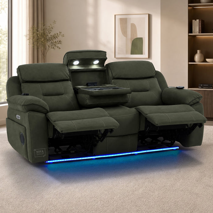 3 Seater Fabric Electric Recliner Sofa With Vibration Massage & Heating | Integrated Wireless Charging + Multi-Link Bluetooth | Green Fabric | Power Headrests & Fold-Down Table | Florence | The Sofa Shop