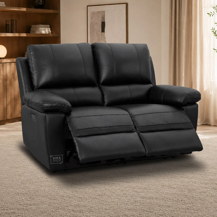2 Seater Electric Recliner Sofa In Black Real Leather | Smooth Power Recliner, USB-C Charging | Trento | The Sofa Shop