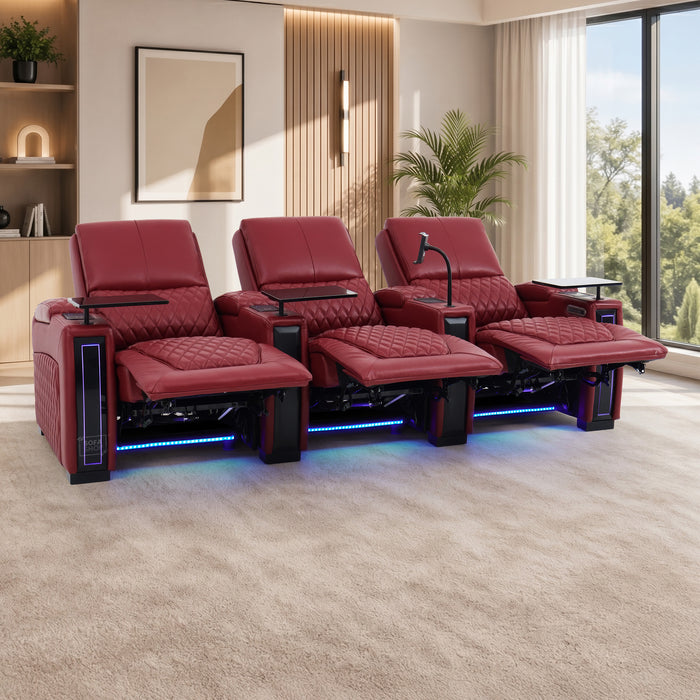 3 Seater Red Real Leather Electric Recliner Cinema Sofa | Hi-Tech Settee With Power Lumbar, Wireless Charging, Heating & Cooling Cupholders | Assisi | The Sofa Shop
