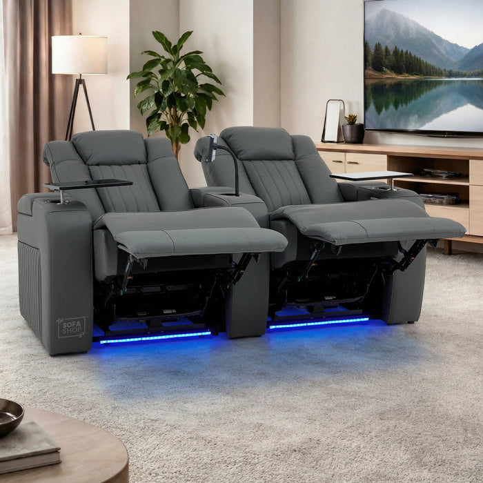 2 Seater Grey Real Leather Electric Recliner Cinema Sofa | Massage, Power Headrests & Tray Tables | Capri | The Sofa Shop