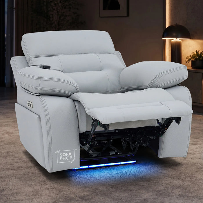 1 Seater Cinema Chair in Light Grey Genuine Leather | Hi-Tech Cinema Chair with Power Recline + Power Headrest + Vibration Massage + Heated Lumbar + Side Storage & Power Grommet | Sicily | The Sofa Shop