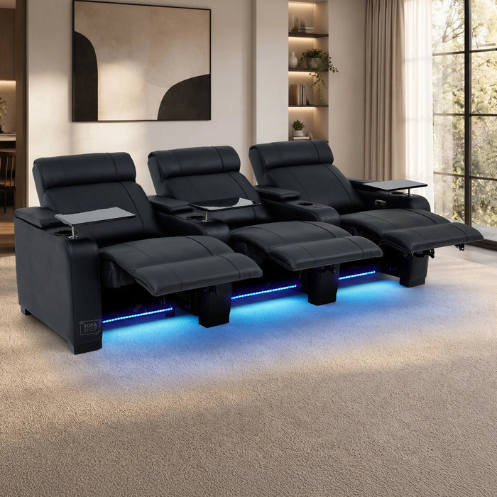 3 Seater Black Real Leather Power Recline Cinema Sofa | Hi-Tech Sofa With Vibration Massage, Heated Lumbar & Cooler Cup Holders | Rimini | The Sofa Shop