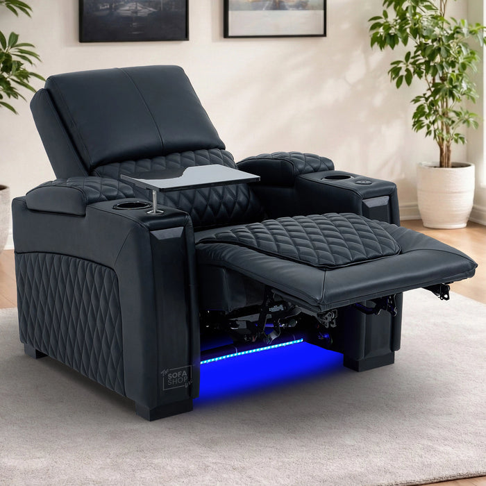 1 Seater Real Leather Electric Recliner Cinema Armchair | 8-Point Vibration Massage + Heated Lumbar + Cooler Cup Holder. Power Grommet, Power Headrest & Detachable Tray Table | Assisi | The Sofa Shop