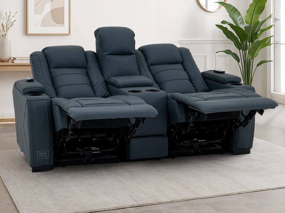 2 Seater Electric Cinema Sofa in Blue Real Leather with Massage, Cup Holders, Power Recliner, USB Ports, Socket Set & Storage Box | Blue Leather | Napoli