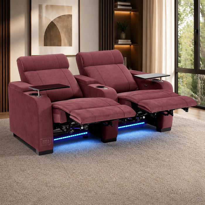 2 Seater Reclining Sofa with Electric Reclining, Massage, USB Ports, Cooling Cup Holders, Storage Boxes & LED Lights | Purple Velvet Fabric Sofa | Rimini | The Sofa Shop