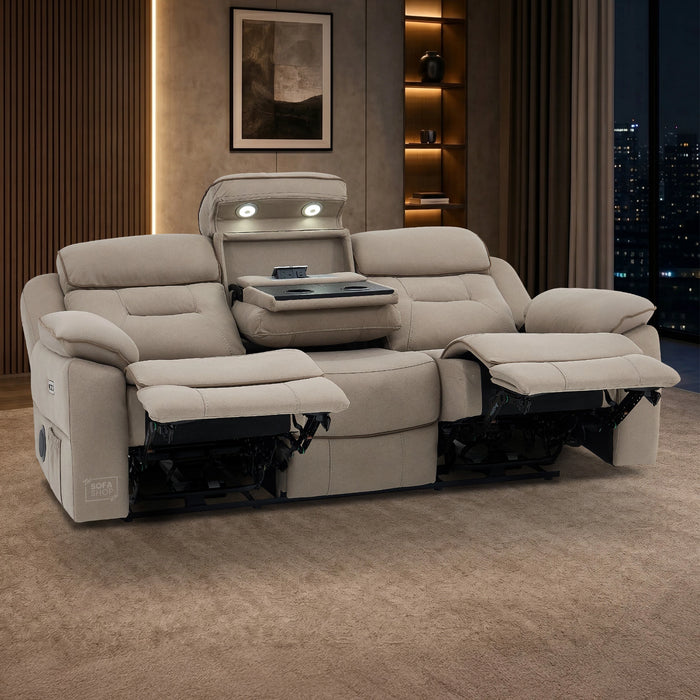 3 Seater Hi-Tech Electric Recliner Sofa In Beige Fabric | Adjustable Headrests & Bluetooth Speakers & USB-C | Florence | The Sofa Shop