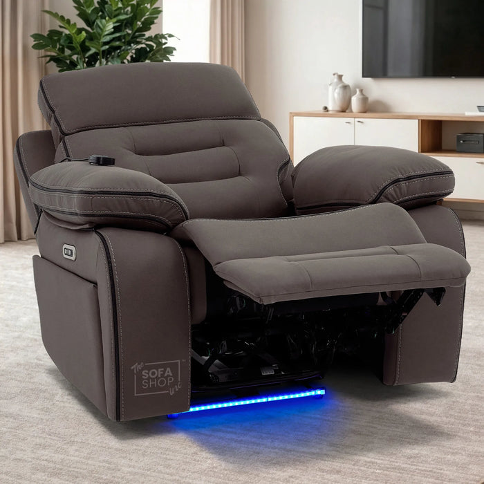 1 Seater Dark Brown Fabric Electric Recliner Cinema Armchair | Hi-Tech Recliner Chair with Vibration Massage, Heated Lumbar,  Power Headrest & Power Grommet | Tuscany | The Sofa Shop