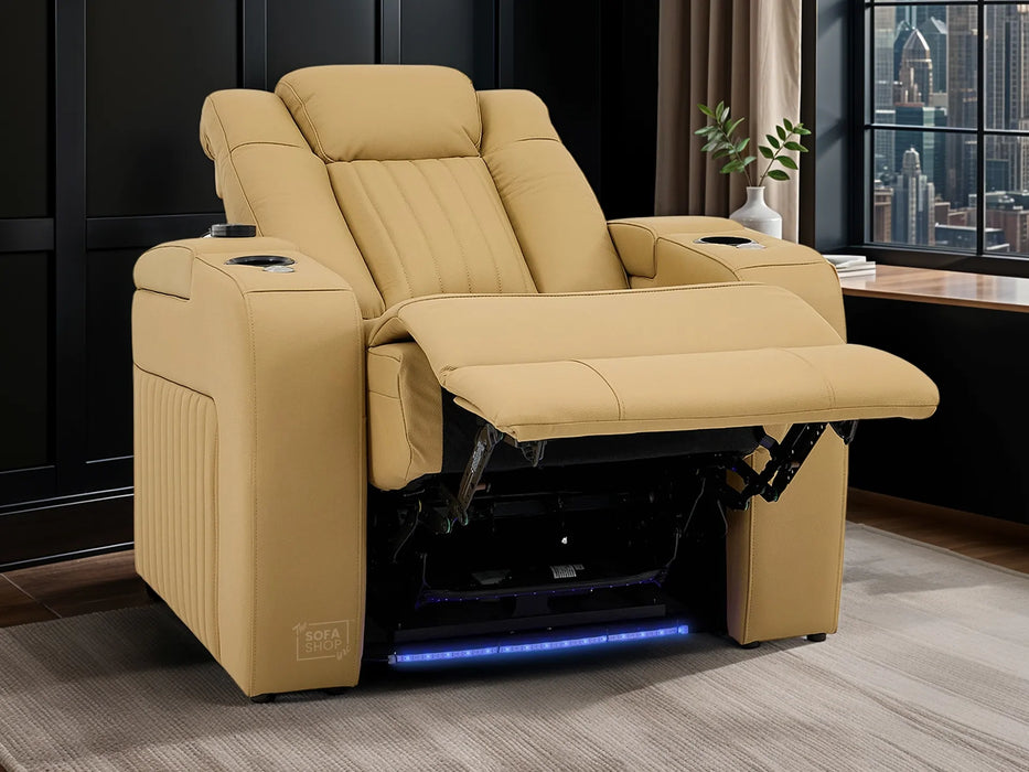 Real Leather Electric Recliner Cinema Chair in Tan | Hi-Tech Power Chair with USB Charging, Cup Holders, Storage, LED Lights & Massage | Capri | The Sofa Shop