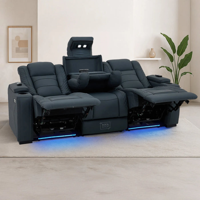 3 Seater Electric Recliner Cinema Sofa in Blue Genuine Leather with Massage, Drop-Down Table, Cup Holders, Power Recliner, USB Ports & Storage Box | Napoli