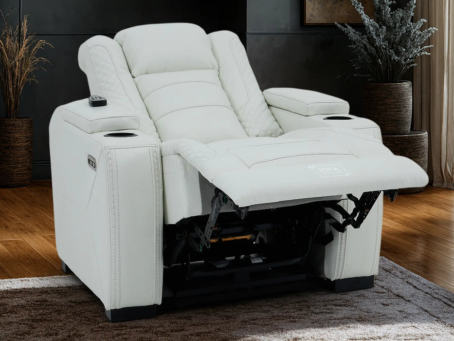Real Leather Chair with Power Headrest, USB Ports, Electric Reclining & Massage Seat | White Leather Recliner | Napoli