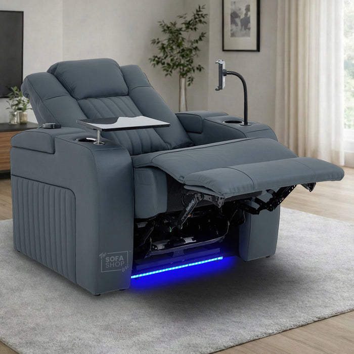 Real Leather Recliner Chair In Blue with Power Headrest, Power Recline, Massage, Heating, USB Charging, Cooling Cup Holder & Tray Table | Capri