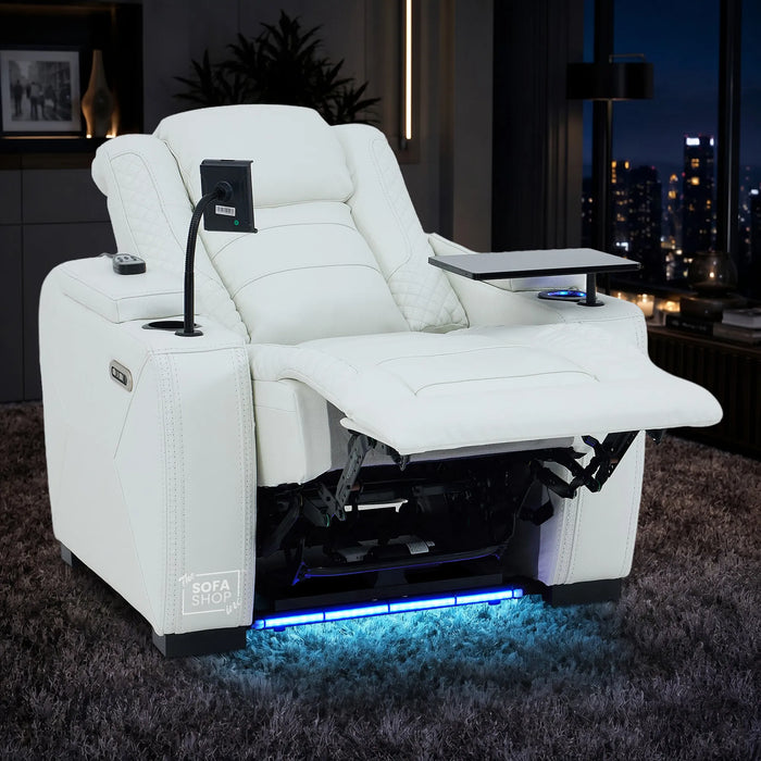 1 Seater Cinema Chair in White Genuine Leather | Hi-Tech Cinema Chair with Power Recline + Power Headrest + Vibration Massage + Heated Lumbar + Power Sockets | Napoli | The Sofa Shop