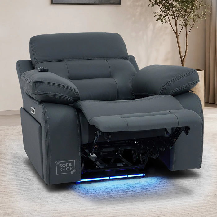 1 Seater Cinema Chair in Grey Genuine Leather | Hi-Tech Cinema Chair with Power Recline + Power Headrest + Vibration Massage + Heated Lumbar+ Power Grommet | Sicily | The Sofa Shop