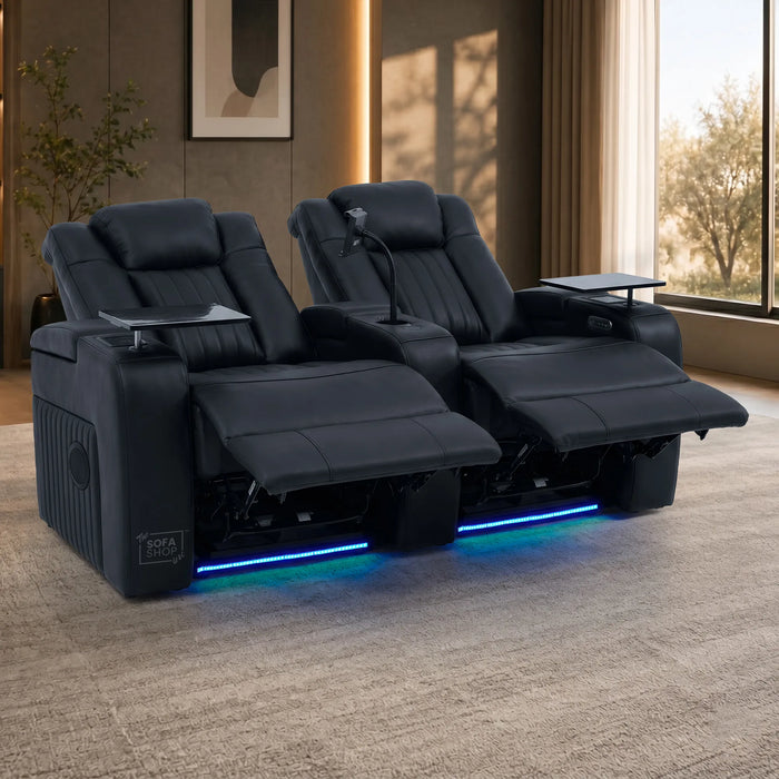 2 Seater Cinema Sofa in Black Real Leather | Hi-Tech Console Couch with Massage & Heated Lumbar, Wireless Charging, Heat & Cool Cupholders, Bluetooth Speakers & Multi-Link | Capri | The Sofa Shop