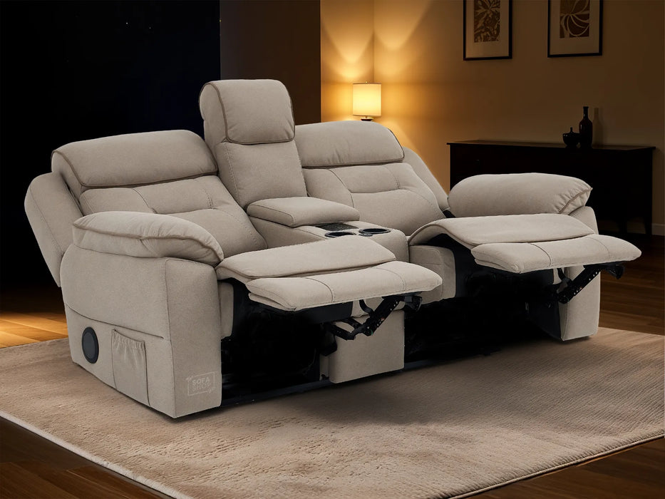 2 Seat Electric Recliner Home Cinema Sofa | Fabric Couch In Beige | Hi-Tech Sofa with Power Recliners, Chilled Cup Holders + Wireless Charging + Console + USB | Florence | The Sofa Shop