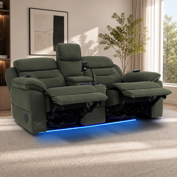 Green Fabric 2 Seater Electric Recliner Sofa | Hi-Tech Couch With Vibration Massage, Heated Lumbar, Multi-Link Bluetooth Speaker, Cooling & heating Cup Holders & Power Headrest | Florence | The Sofa Shop