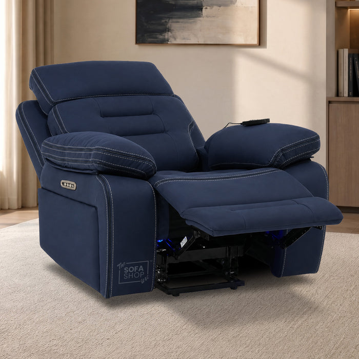 Electric Riser Chair In Blue Fabric | Hi-Tech Recliner Armchair With Vibration Massage + Heated Lumbar + Cooling Cup Holder + Power Headrest | Tuscany | The Sofa Shop