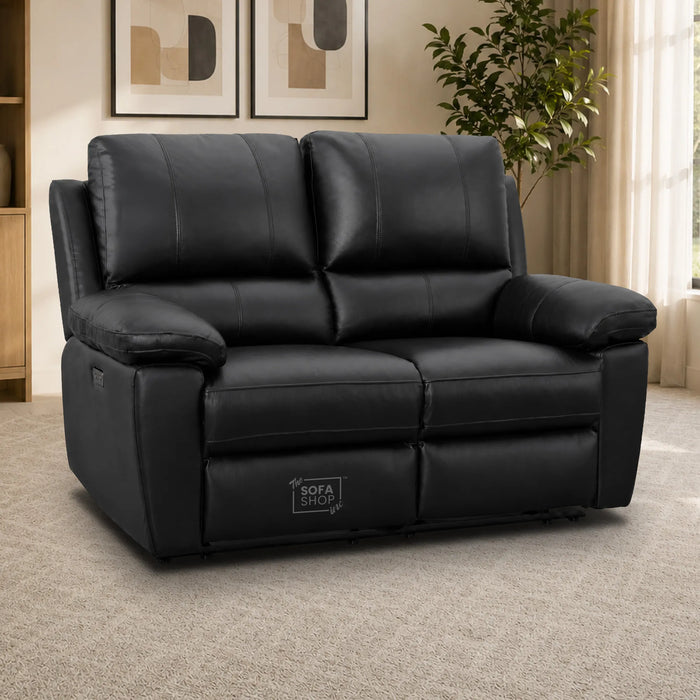 2 Seater Electric Recliner Sofa In Black Real Leather | Smooth Power Recliner, USB-C Charging | Trento | The Sofa Shop