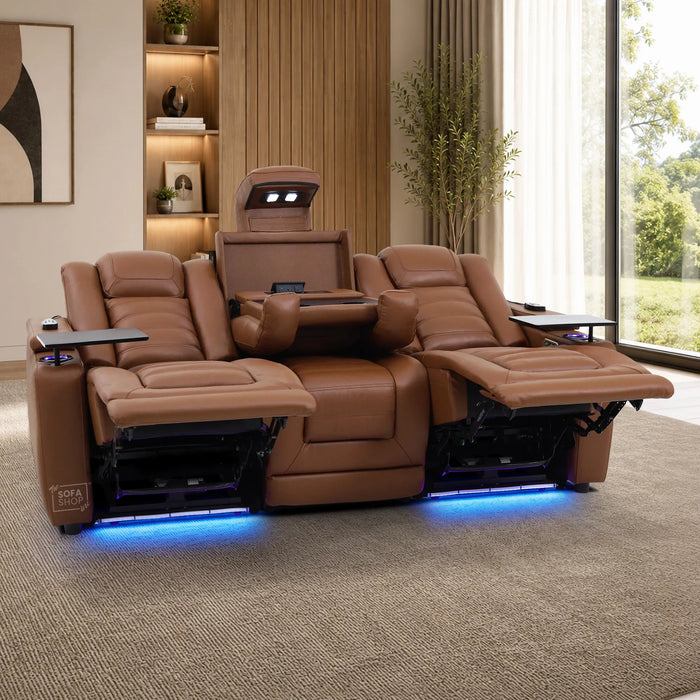 3 Seater Smart Tech Electric Recliner Cinema Sofa | Brown Real Leather | Modena