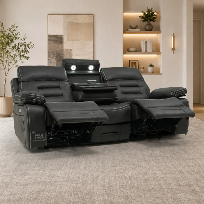 3 Seater Cinema Sofa in Black Velvet Fabric | Hi-Tech Cinema Sofa with Power Recline + Power Headrests + Wireless Charging + Speakers + Fold Down Table| Sample | Tuscany | The Sofa Shop